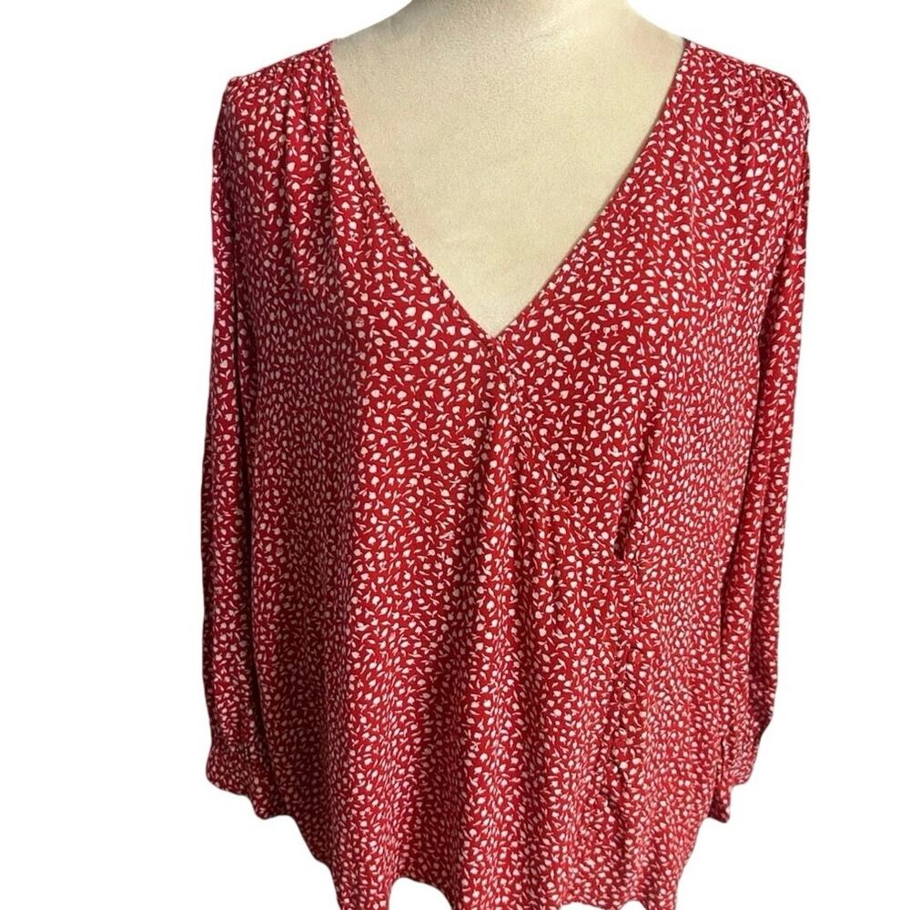 Madewell Red Ivory Ditsy Floral V-Neck Long Sleeve Flowy Blouse, Size XL